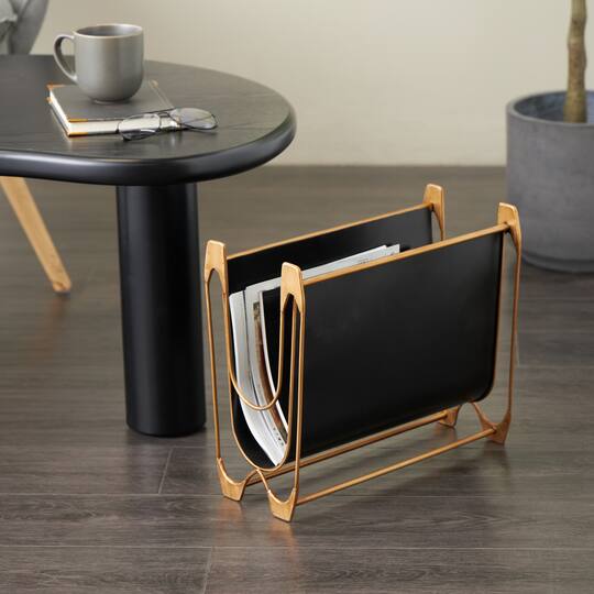 15" Black Metal Curved Magazine Holder with Brass Stand